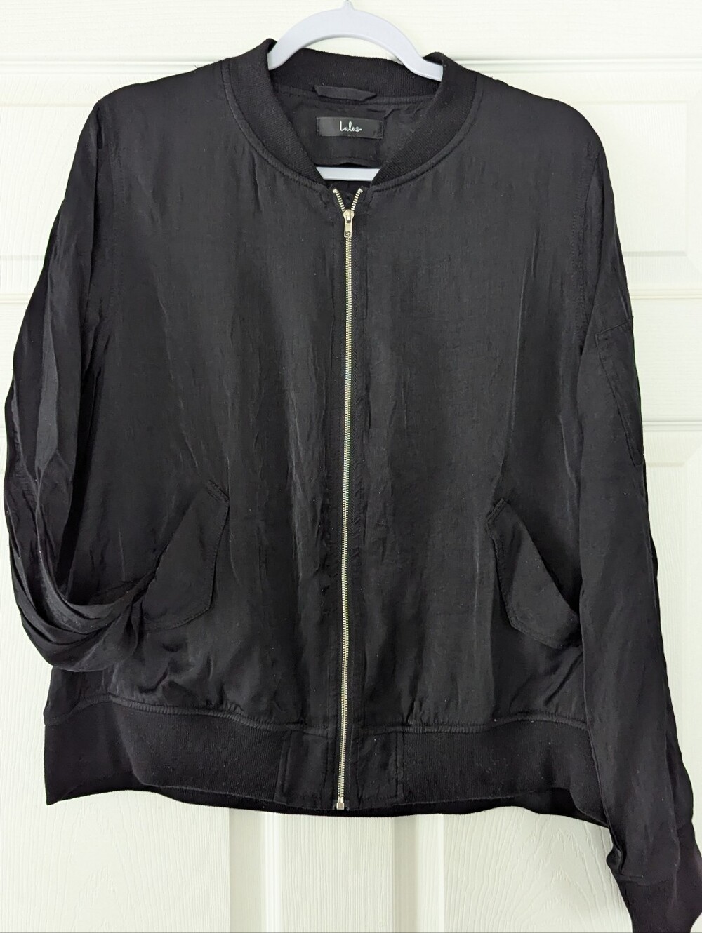 Lulu's Black Satin-Look Bomber Jacket with Zip
